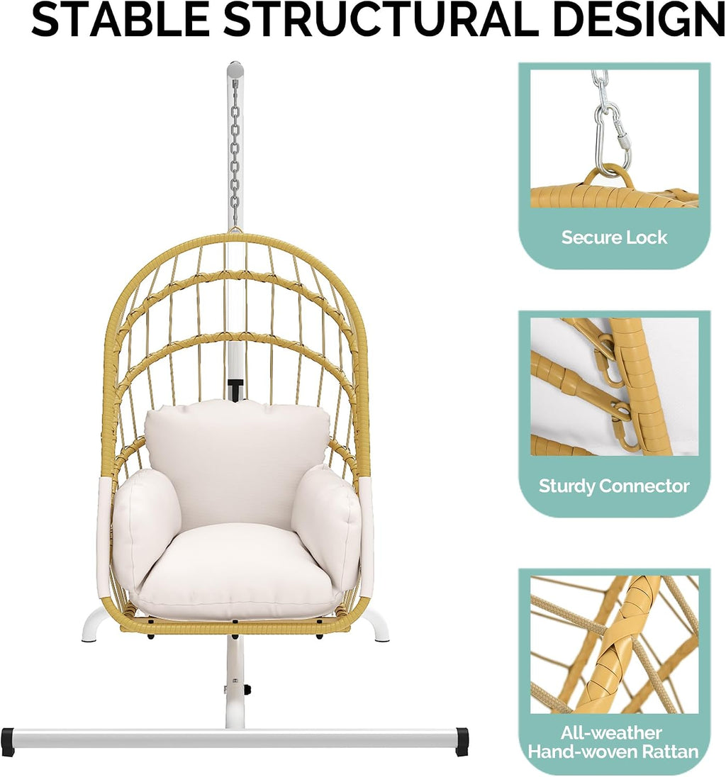 YITAHOME Hanging Egg Chair with Stand, Rattan Wicker Swing Egg Chair with Cushion, 370lbs Capacity, Foldable Hanging Basket Chair for Porch, Garden, Bedroom, Balcony - Beige