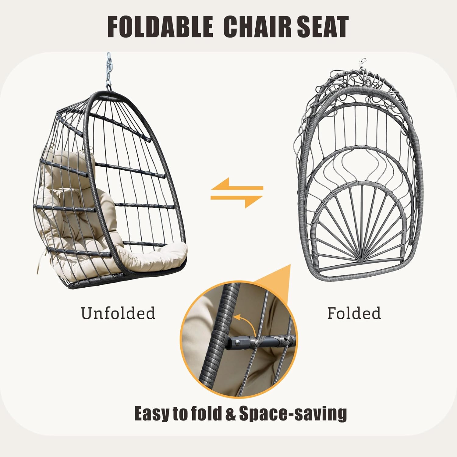 FREDEES Egg Swing Chair with Stand, Outdoor Hanging Egg Chair with Cushion for Patio/Porch/Balcony/Indoor (Beige)