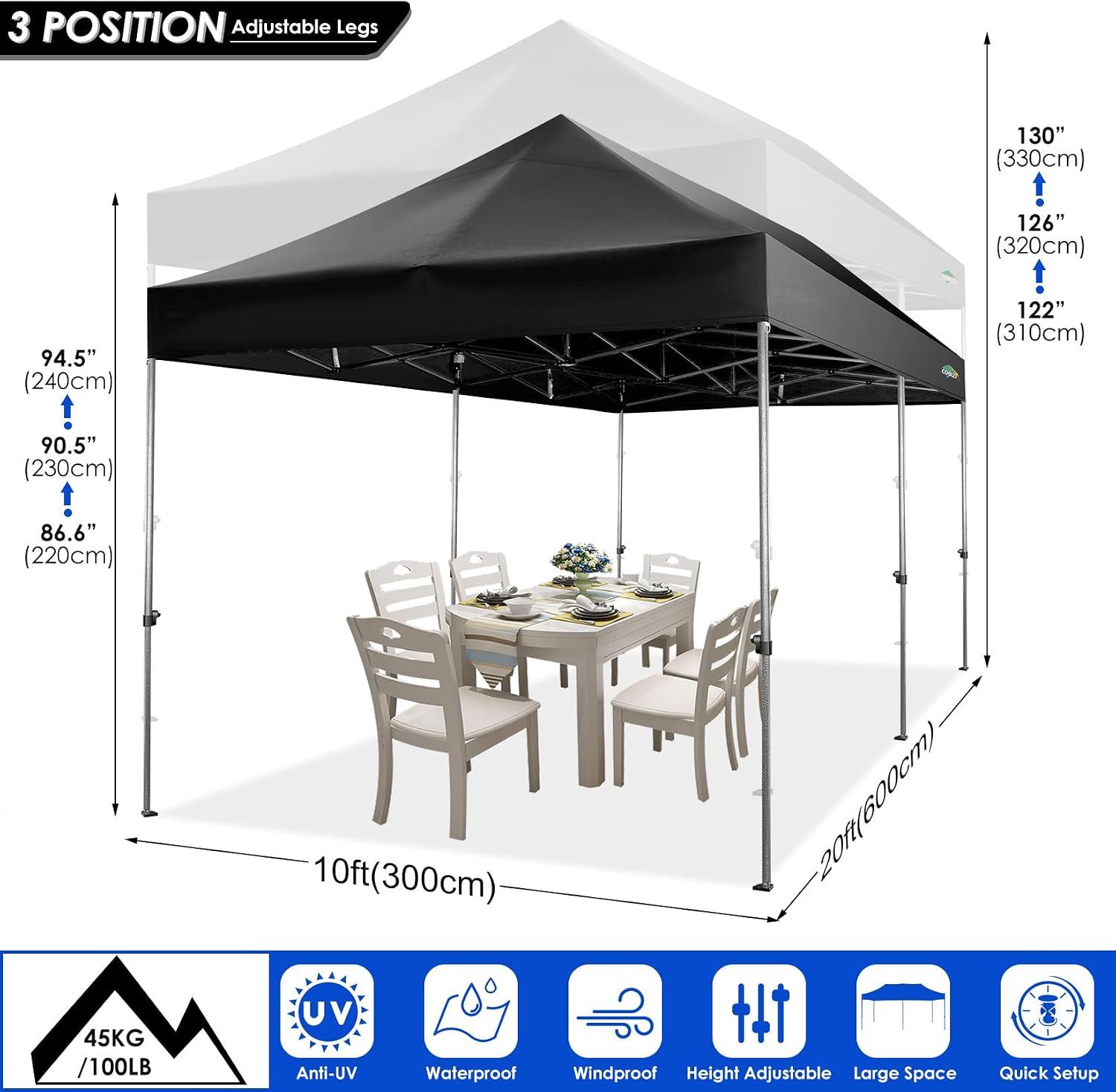COBIZI 10x20 Heavy Duty Pop up Canopy Tent with 6 sidewalls Easy Up Commercial Outdoor Wedding Party Tents for Parties All Season Wind & Waterproof Gazebo Roller Bag, Black(Frame Thickened)