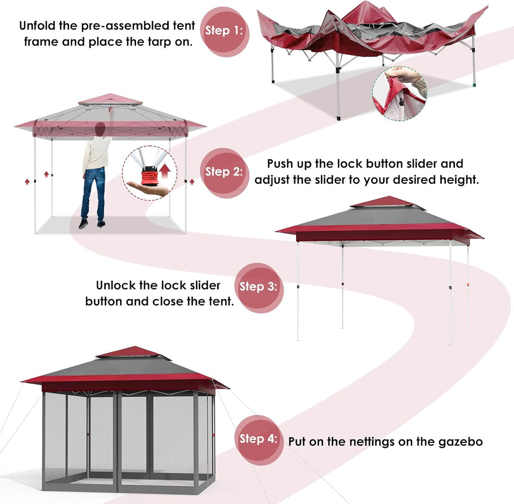 Arlopu Pop Up Gazebo Tent, Outdoor Instant Canopy, Easy Set-up Folding Shelter with Netting, Metal Frame, Screened House Shade Vented for Patio, Lawn, Party, Backyard, Garden (Burgundy, 13FT×13FT)