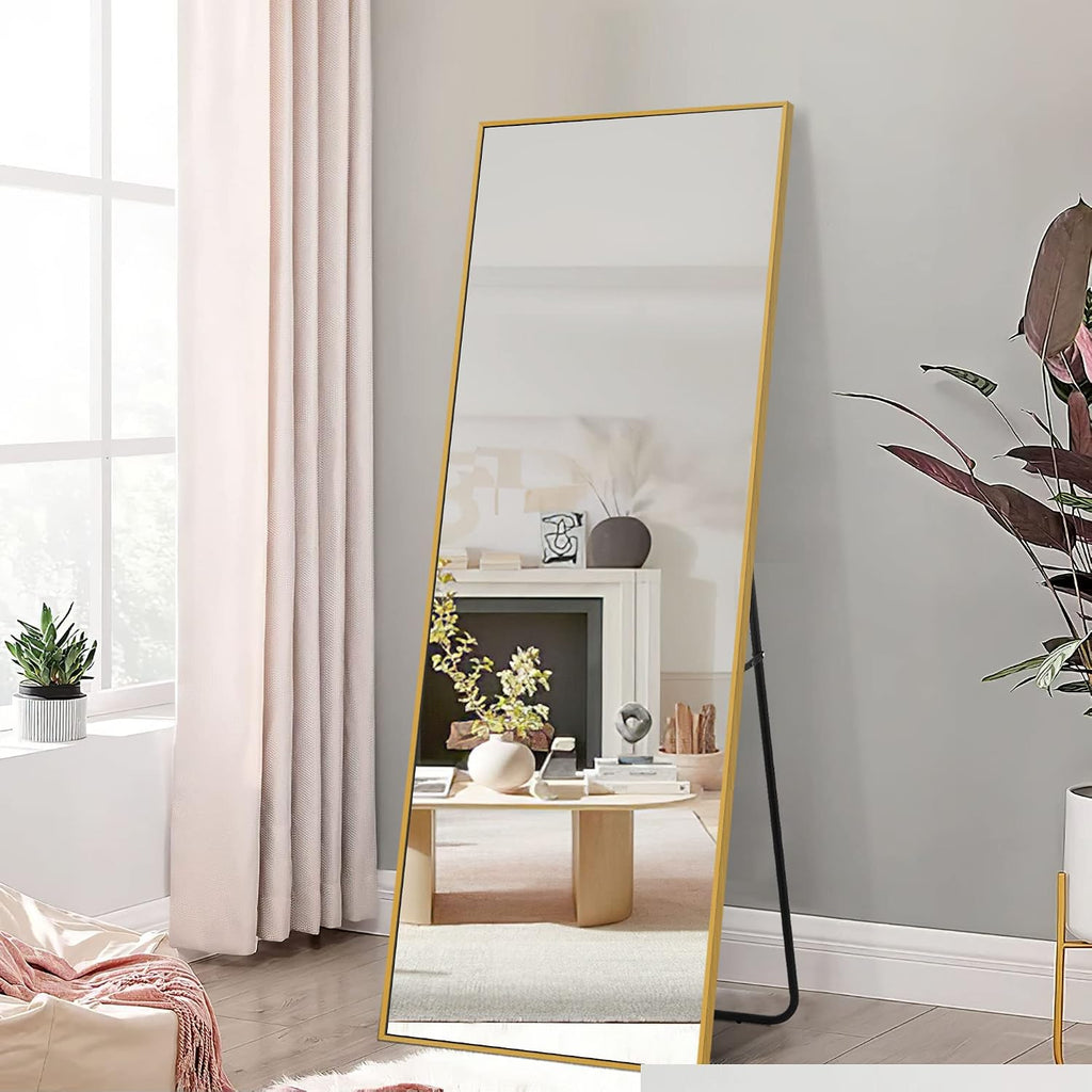 NeuType Full Length Mirror, 64'x21' Body Mirror with Stand Floor Standing Wall-Mounted Hanging or Leaning Against Wall Aluminum Alloy Thin Frame (Gold)