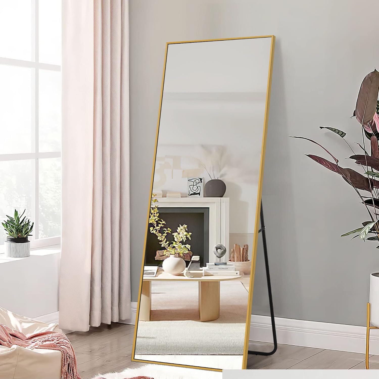 NeuType Full Length Mirror, 64'x21' Body Mirror with Stand Floor Standing Wall-Mounted Hanging or Leaning Against Wall Aluminum Alloy Thin Frame (Gold)