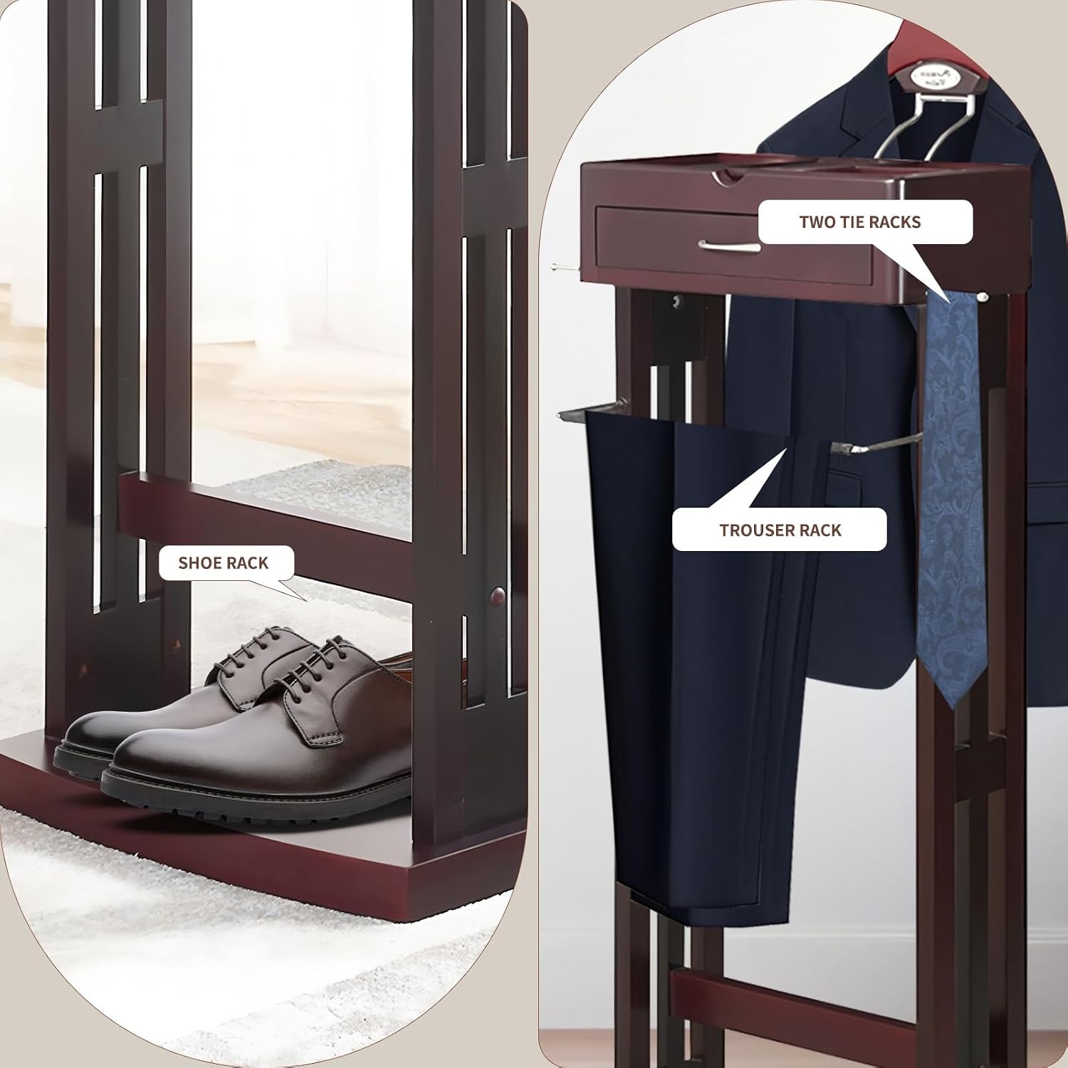 Wood Suit Rack with Drawer&Tray, Freestanding Valet Stand for Men Women, Standing Clothes Organizer Rack with Contour Hanger Trouser Bar Floor Stand Valet for Entryway Living Room Bedroom Office(A)