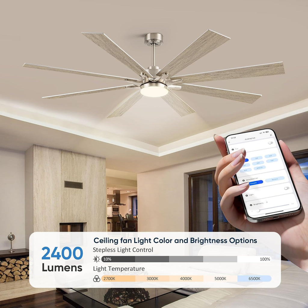 72Inch Indoor Outdoor Ceiling Fan with Light - Large Smart Ceiling Fan with Light Alexa Control, High CFM Modern Industrial Low Profile Ceiling Fans with Light for Patios Porch Bedroom Garage Gazebo