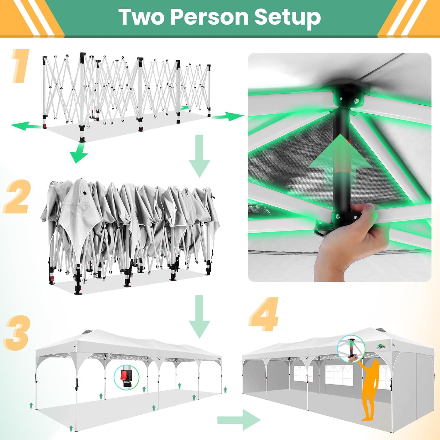 COBIZI 10x30 Pop Up Canopy Tent, Outdoor Party Tent with 5 Sidewalls, 1 Person Easy Set up, Tents for Parties with Fluorescent Strip & 4 Sandbags, Waterproof UPF50+, 3 Adjustable Height, White