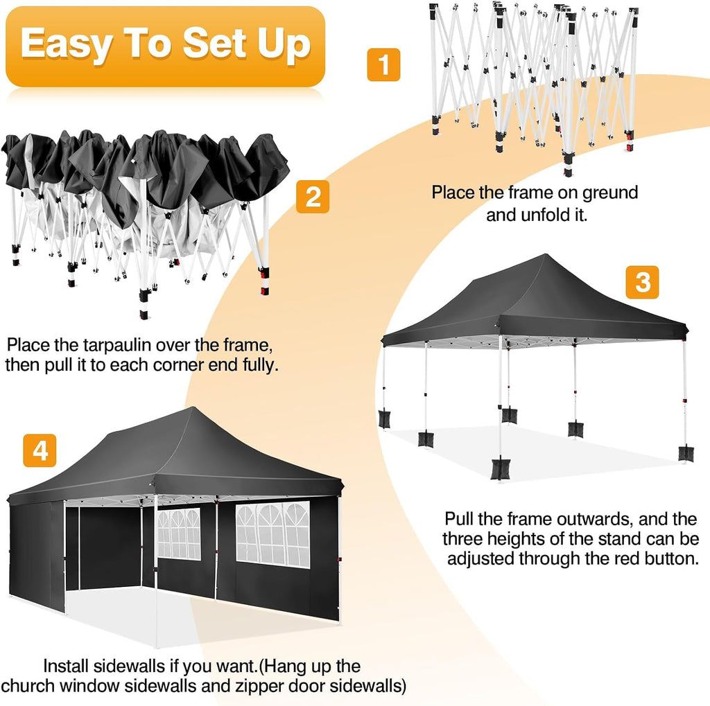 COBIZI 10x20ft Pop Up Canopy Tent with 6 Removable Sidewalls, Easy Up Commercial Canopy, Waterproof and UV50+ Gazebo with Portable Bag, Adjustable Leg Heights,Party Tents for Parties, with 4 Sandbags