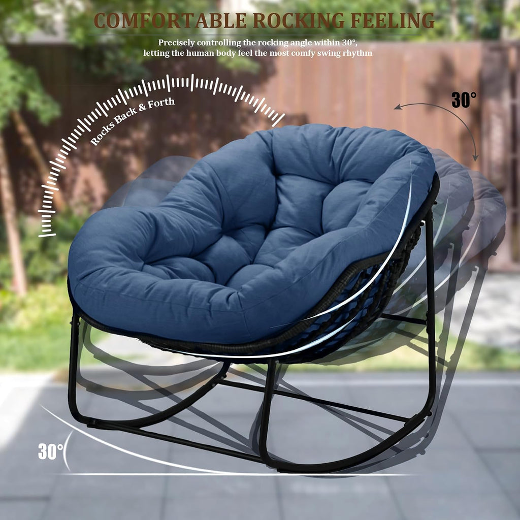 Papasan Rocking Chair, Oversized Rocking Papasan Chair Rattan Papasan Chair w Cushion, Wicker Egg Chair Rocker Outdoor Front Porch Chair, Big Comfy Rocking Chair for Outdoor(Navy Blue)