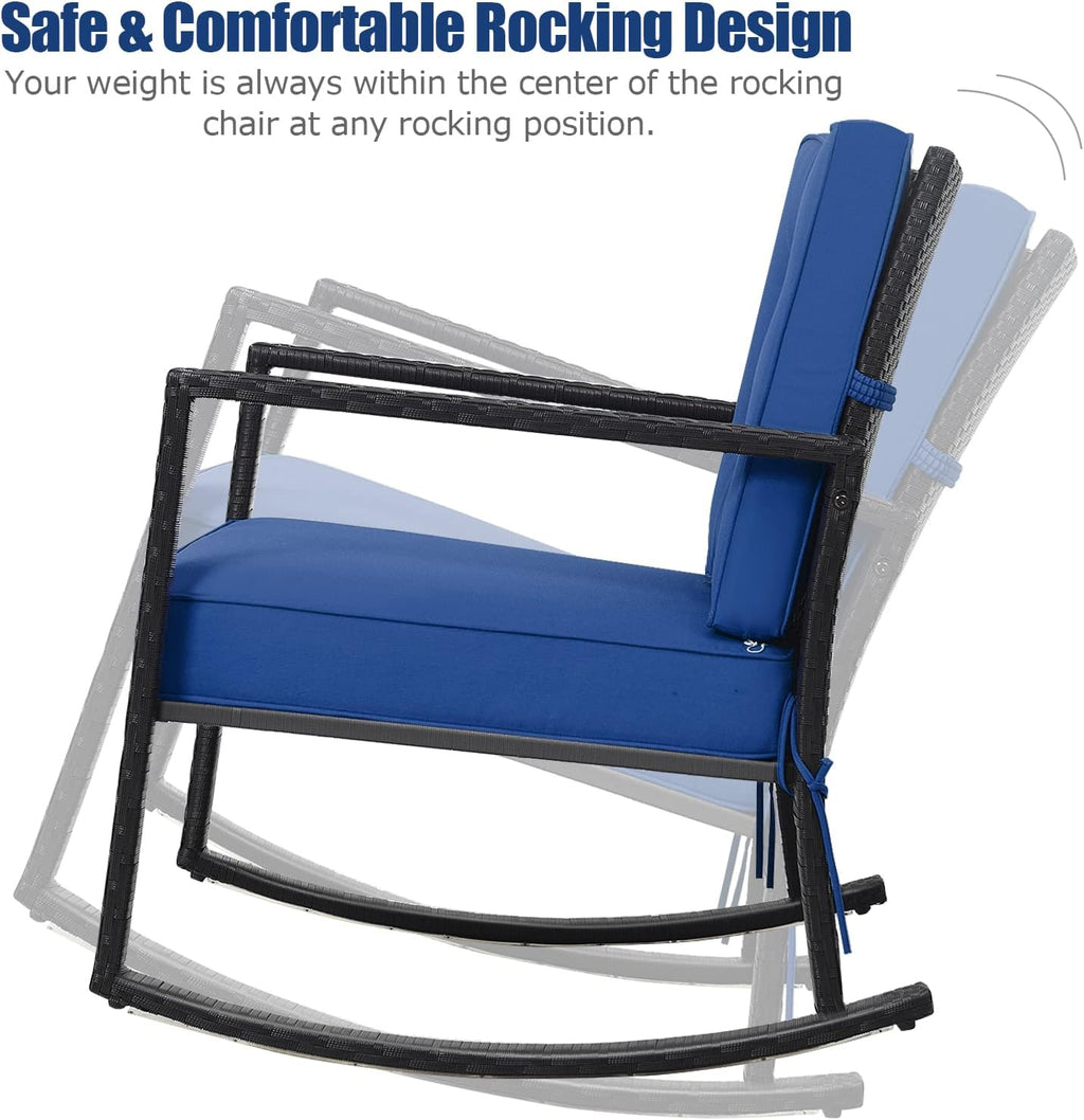 Tangkula Wicker Rocking Chair, Outdoor Glider Rattan Rocker Chair with Heavy-Duty Steel Frame, Patio Wicker Furniture Seat with 5' Thick Cushion for Garden, Porch, Backyard, Poolside (1, Blue)