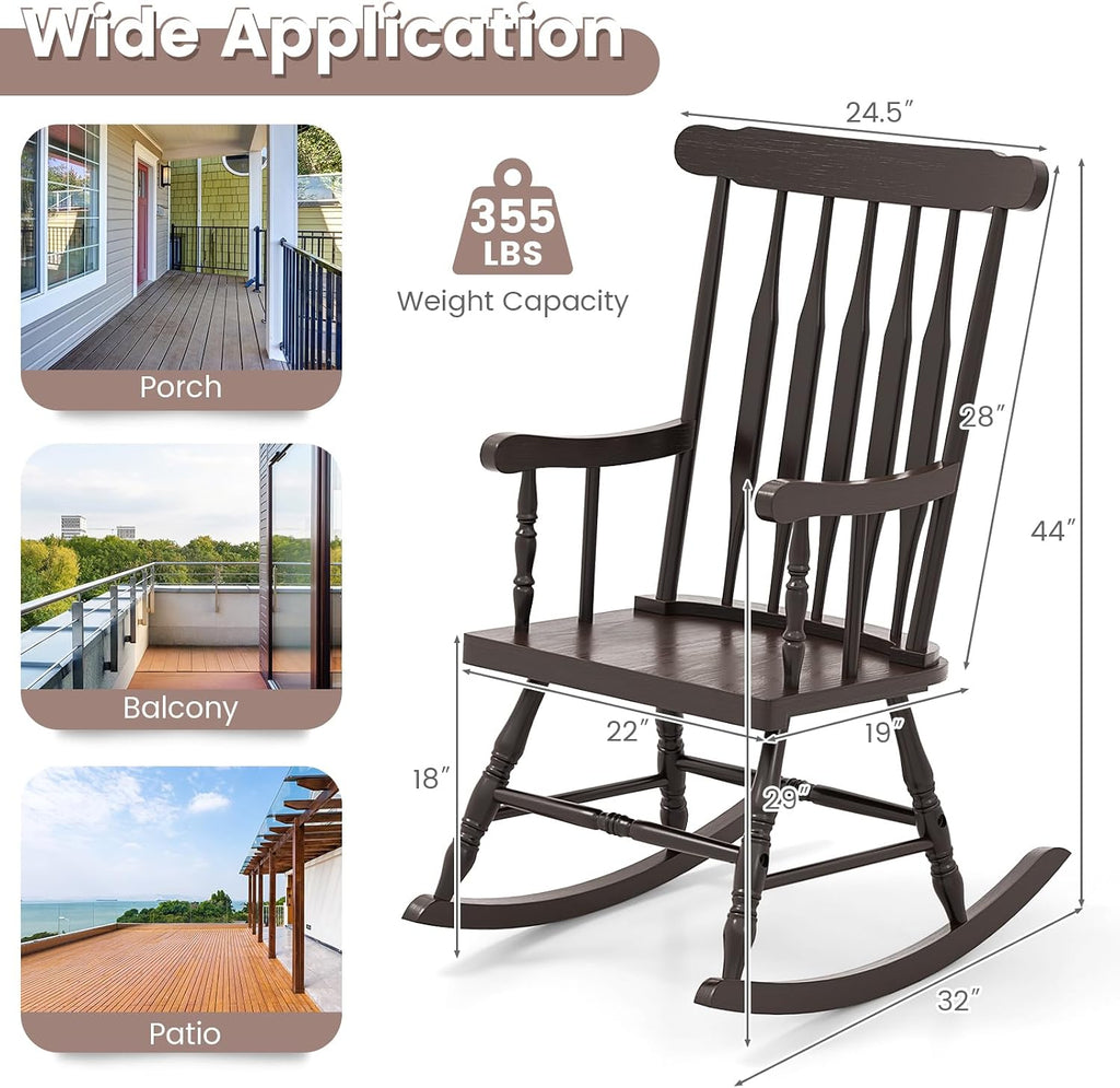 Giantex Outdoor Wood Rocking Chair Set of 2, Patio Rocking Chair w/Rubber Wood Frame, Slat Back, Outside & Indoor Rocker for Garden, Poolside, Balcony, Backyard, Lawn, Front Porch Rocker, Dark Coffee