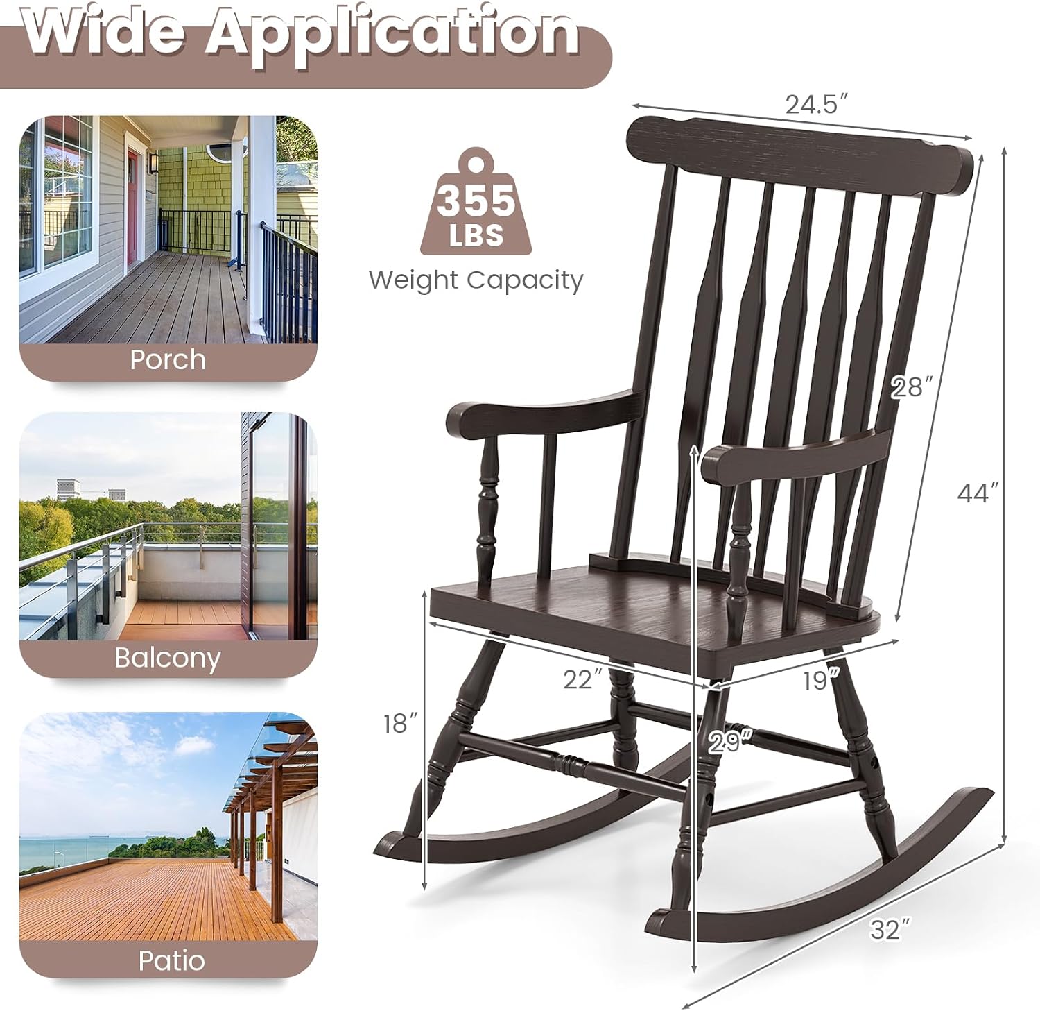 Giantex Outdoor Wood Rocking Chair Set of 2, Patio Rocking Chair w/Rubber Wood Frame, Slat Back, Outside & Indoor Rocker for Garden, Poolside, Balcony, Backyard, Lawn, Front Porch Rocker, Dark Coffee