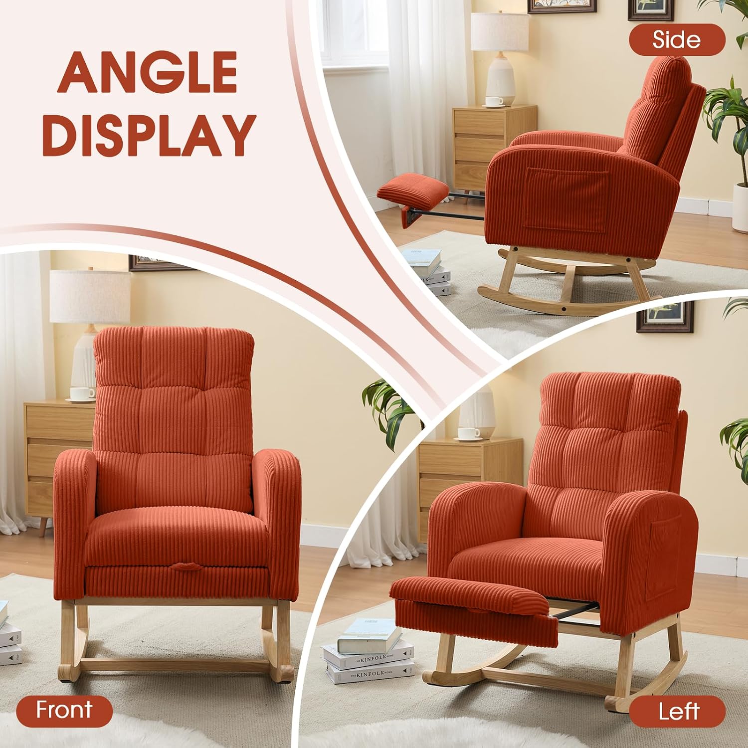 NIOIIKIT Nursery Rocking Chair, Corduroy Upholstered Rocking Chair with Adjustable Footrest, Tufted Rocker Chair with Side Pocket, Glider Rocker for Living Room, Bedroom (Orange Retro)