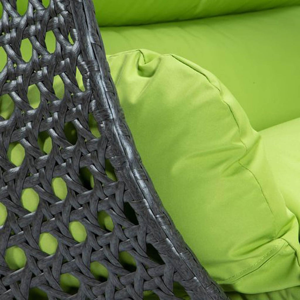 LeisureMod 2 Person Wicker Hanging Egg Chair, Indoor Outdoor Patio Swing with Black Stand & UV-Resistant Cushions, Lounge Chair for Bedroom & Garden, Light Green