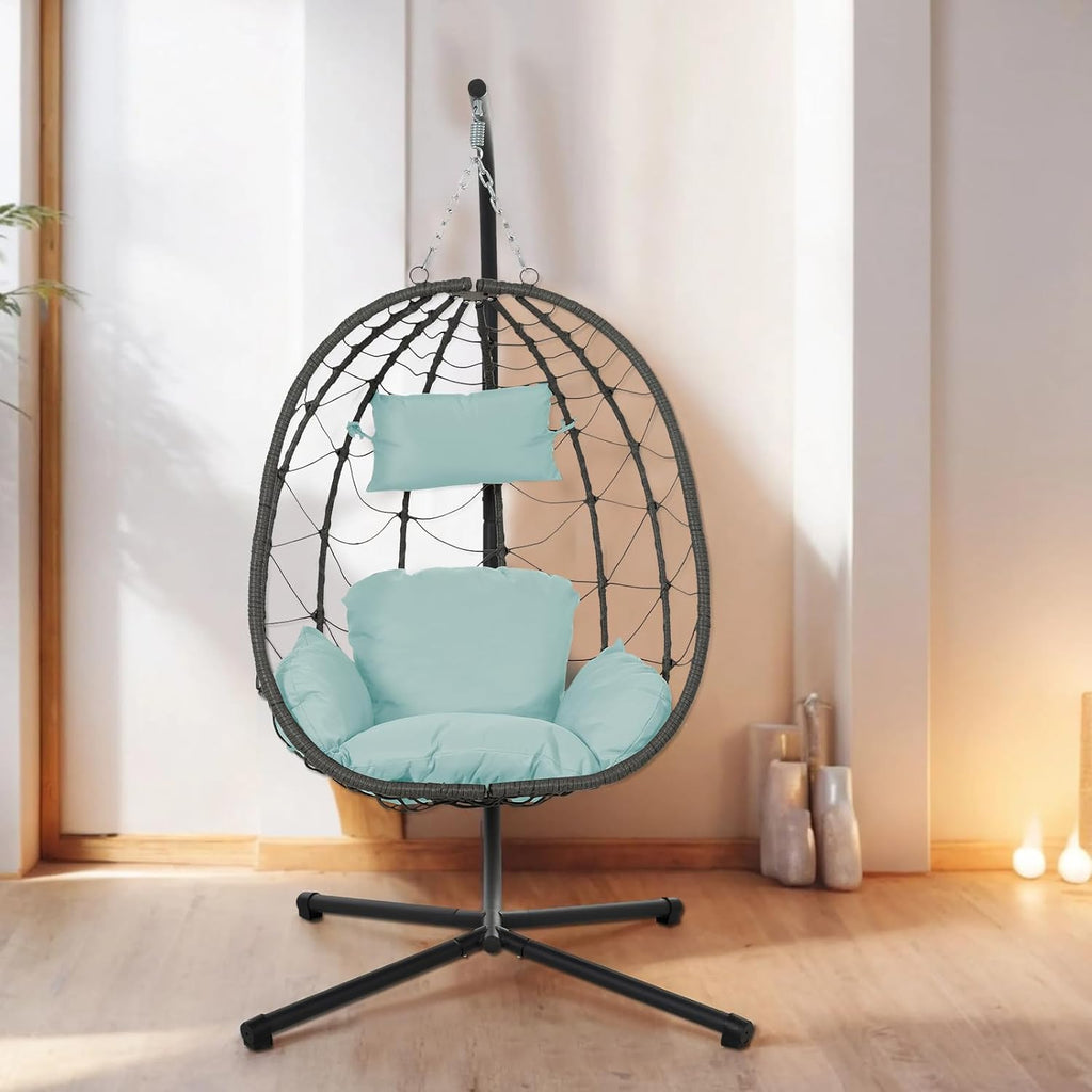 Egg Chair Indoor Outdoor, Foldable Hanging Egg Chair with Stand, Patio Swing Egg Chairs, UV Resistant Removable &Washable Thicken Padded Cushions, 350LBS Capacity for Bedroom, Balcony Blue
