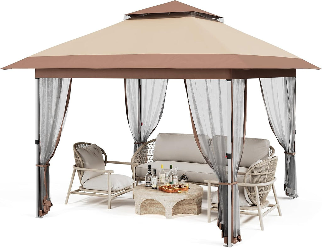 Pop Up Gazebo, 10x10 Outdoor Canopy Tent with Mosquito Netting, Pop Up Canopy Tent with Curtains/Adjustable Height/Wheeled Carrying Bag for Patio Garden Backyard Lawn