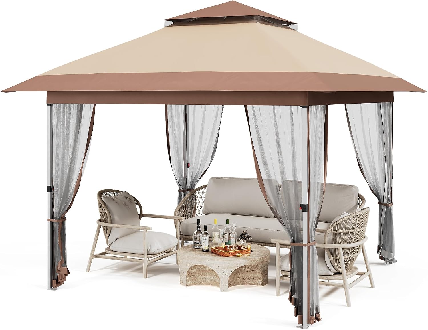 Pop Up Gazebo, 10x10 Outdoor Canopy Tent with Mosquito Netting, Pop Up Canopy Tent with Curtains/Adjustable Height/Wheeled Carrying Bag for Patio Garden Backyard Lawn