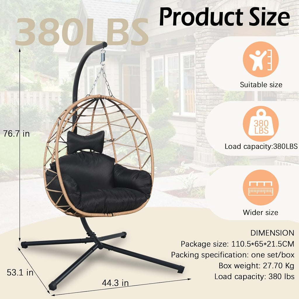 Hanging Egg Chair Swing with Stand, Hanging Chair, Webbing & PE Rattan Weaving, Thickened UV Resistant Cushion & Alloy Steel Frame, for Patio Bedroom Balcony (YH)