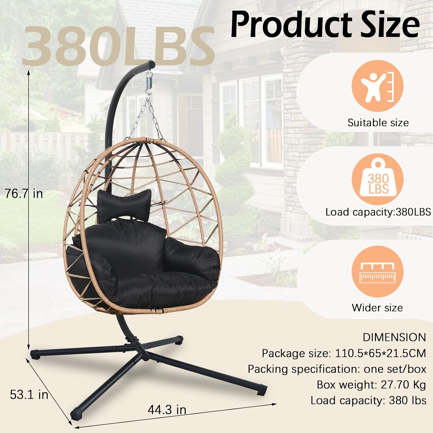 Hanging Egg Chair Swing with Stand, Hanging Chair, Webbing & PE Rattan Weaving, Thickened UV Resistant Cushion & Alloy Steel Frame, for Patio Bedroom Balcony (YH)