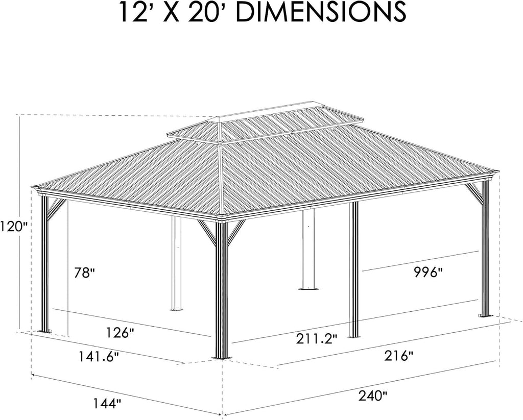 Kozyard Apollo 12'x20' Hardtop Gazebo, Wooden Coated Aluminum Frame Canopy with Galvanized Steel Double Roof, Outdoor Permanent Metal Pavilion with Netting for Patio, Deck and Lawn (12ft x 20ft)
