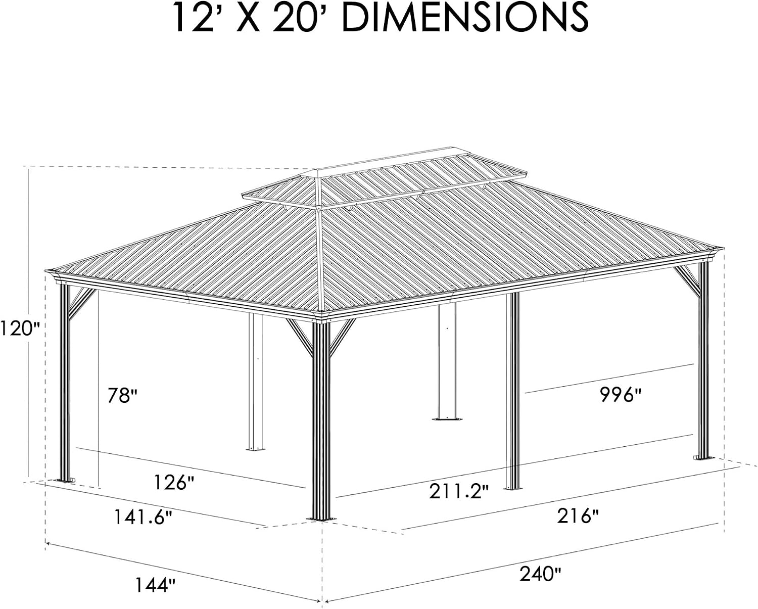 Kozyard Apollo 12'x20' Hardtop Gazebo, Wooden Coated Aluminum Frame Canopy with Galvanized Steel Double Roof, Outdoor Permanent Metal Pavilion with Netting for Patio, Deck and Lawn (12ft x 20ft)