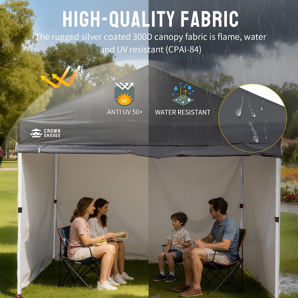 CROWN SHADES 10X10 Commercial Instant Canopy Pop Up Tent with Center Lock, 300D Fabric, 4 Sidewalls, Sto'N Go Bag, Grey