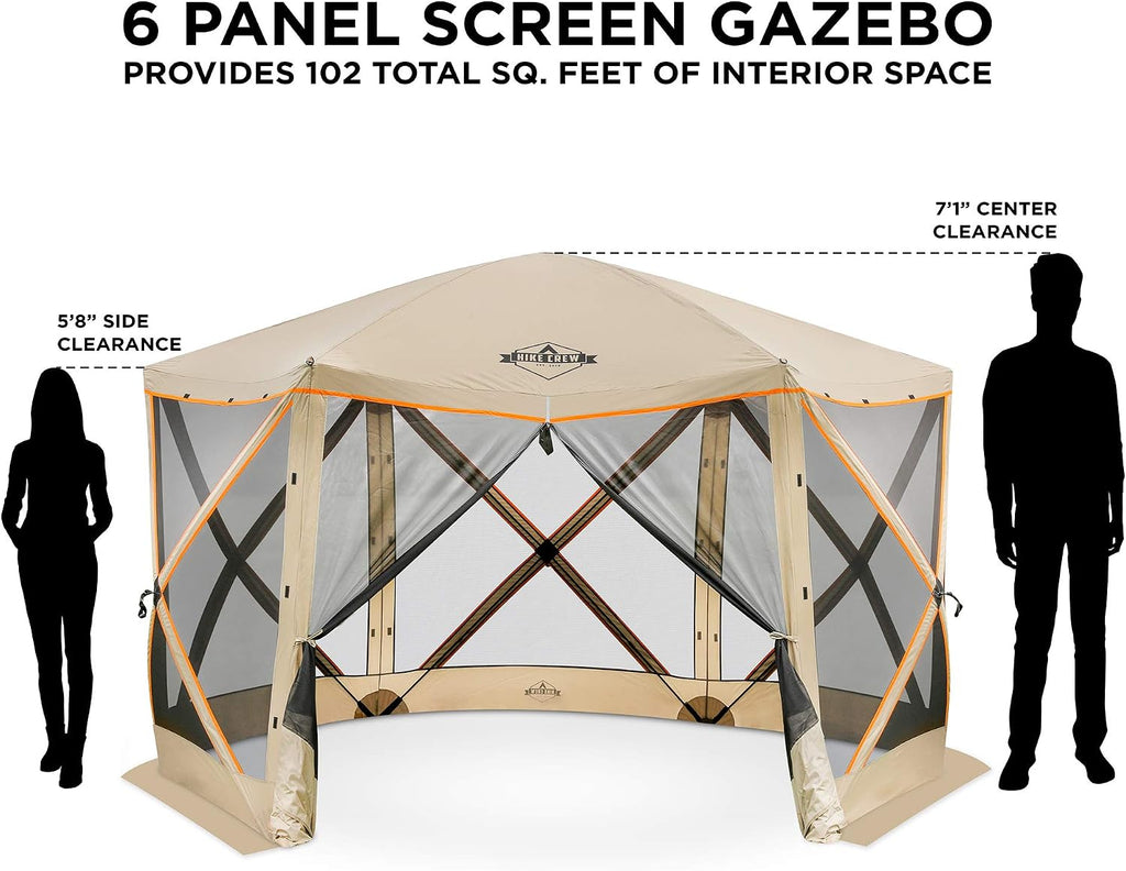 Hike Crew 6-Panel Pop-Up Screen House Gazebo 140x140 Inch – Instant Setup 6-Sided Hub Tent UV Resistant (SPF 50+) Fits 9 People Heavy Duty 210D Material – Includes Carry Bag & Ground Stakes