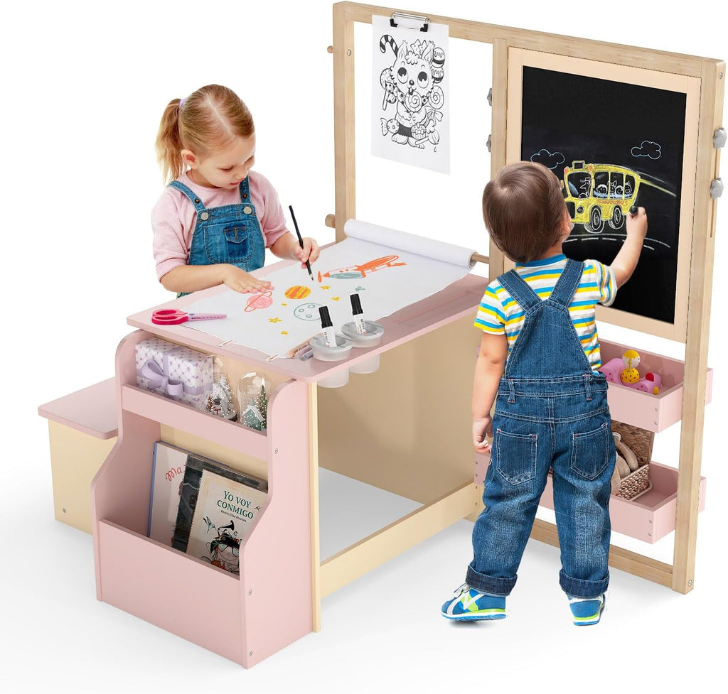 Costzon Easel for Kids, Wooden Art Center with Double-Sided Blackboard & Whiteboard, Paper Roll for Drawing, Crafts, Writing, Toddler Activity Table with Storage, Kids Table and Chair Set (Pink)