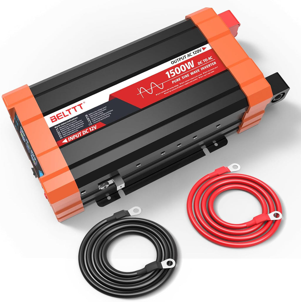 BELTTT 1500W Pure Sine Wave Inverter 12V to 120V AC, Inverter 12V to 110V Converter for Solar, Off-Grid, RV, Truck, Power Inverter with Dual AC Socket, 5V 2.1A USB, Surge 3000W, Smart LCD Display