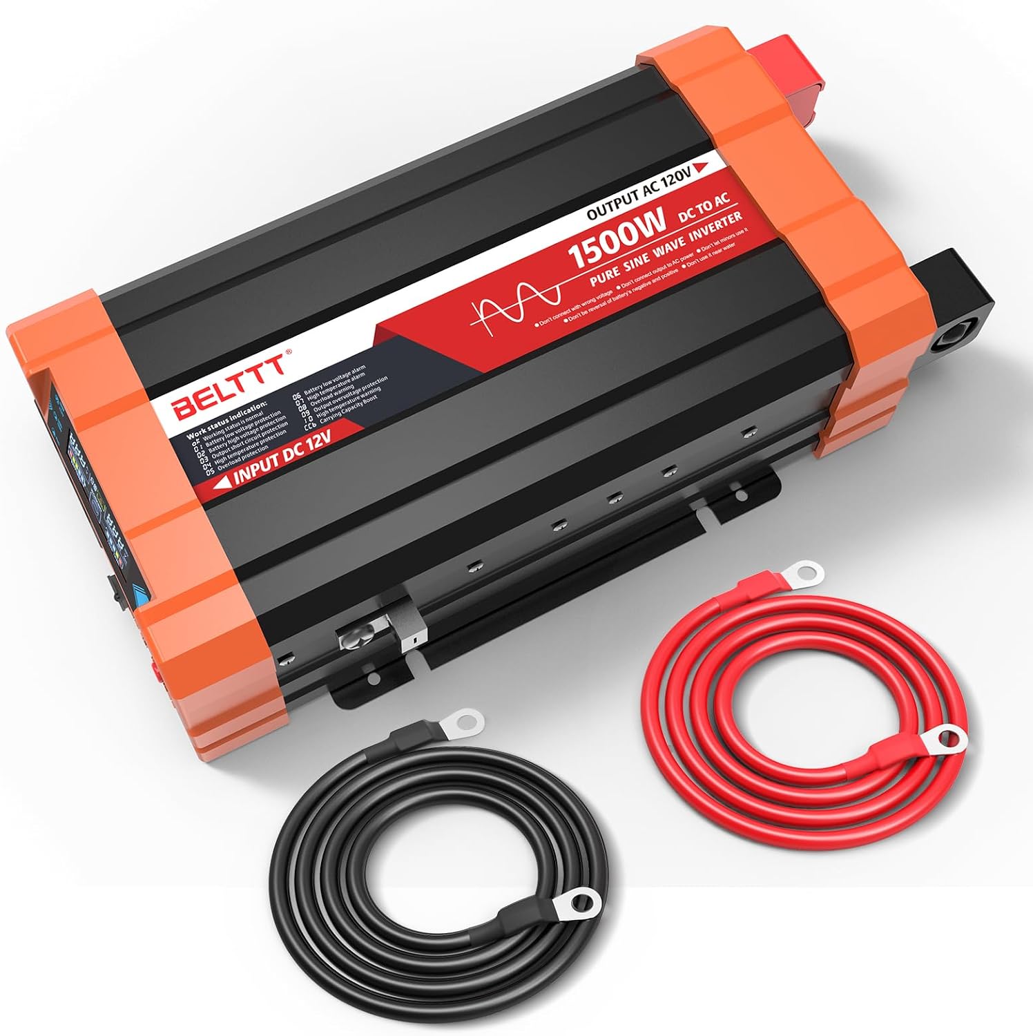 BELTTT 1500W Pure Sine Wave Inverter 12V to 120V AC, Inverter 12V to 110V Converter for Solar, Off-Grid, RV, Truck, Power Inverter with Dual AC Socket, 5V 2.1A USB, Surge 3000W, Smart LCD Display