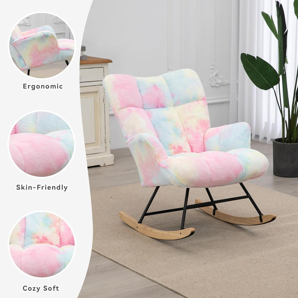 SAETSFEG Nursery Rocking Chair Teddy, Upholstered Glider Rocker with High Backrest, Comfortable Stylish Accent Armchair with Padded Seat for Living Rooms, Bedrooms, Offices, Colorful