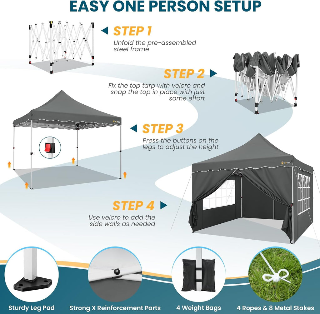 HOTEEL Canopy Tent 10x10 Pop Up Canopy with 4 Removable Sidewalls, Sandbags, Stakes & Ropes, UPF 50+ Easy Setup Canopy Tent Waterproof Outdoor Instant Portable Shelter for Party, Events, Vendor, Gray