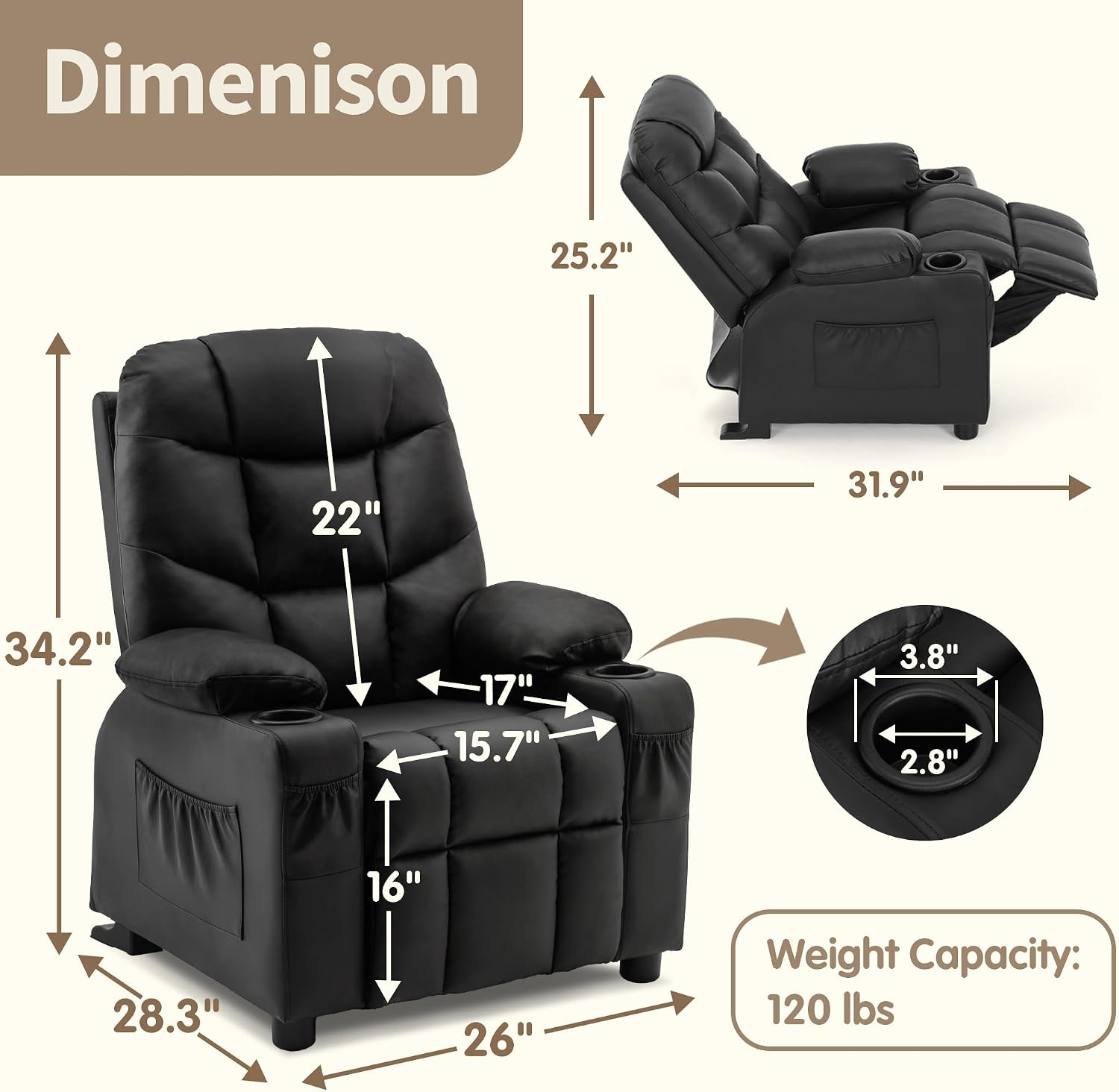 MCombo Big Kids Recliner for Ages 3+, Child Reclining Chair, Toddlers Recliner Sofa with Cup Holders (Faux Leather, Black)