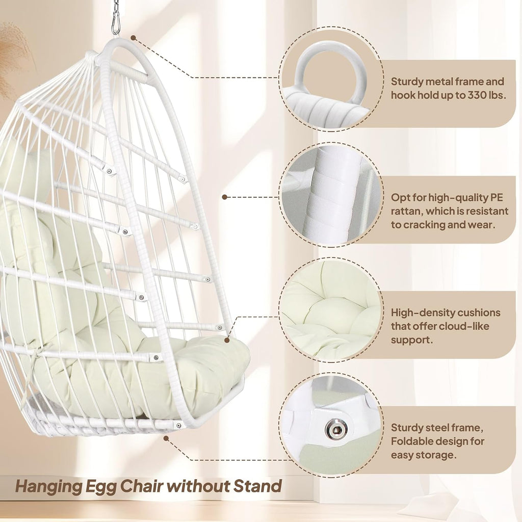 Chihee Egg Chair Foldable Wicker Rattan Hanging Swing Chairs Indoor Outdoor Patio Wicker Chair Hammock Chair with Stainless Steel Hanging Kit Chain Link UV Resistant Cushion Bedroom Balcony
