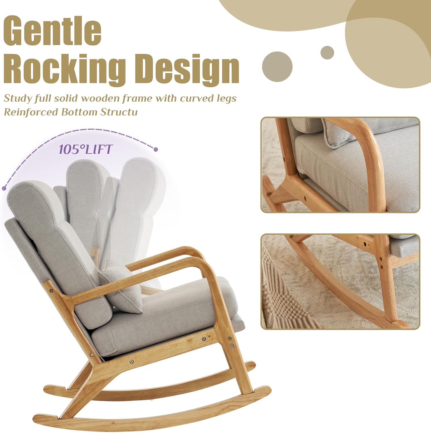 Karl home Nursery Rocking Chair Removable Glider Rocker High Backrest Rocking Armchair Mid-Century Accent Chair with Lumber Pillow for Bedroom, Living Room, Nursery, Light Gray