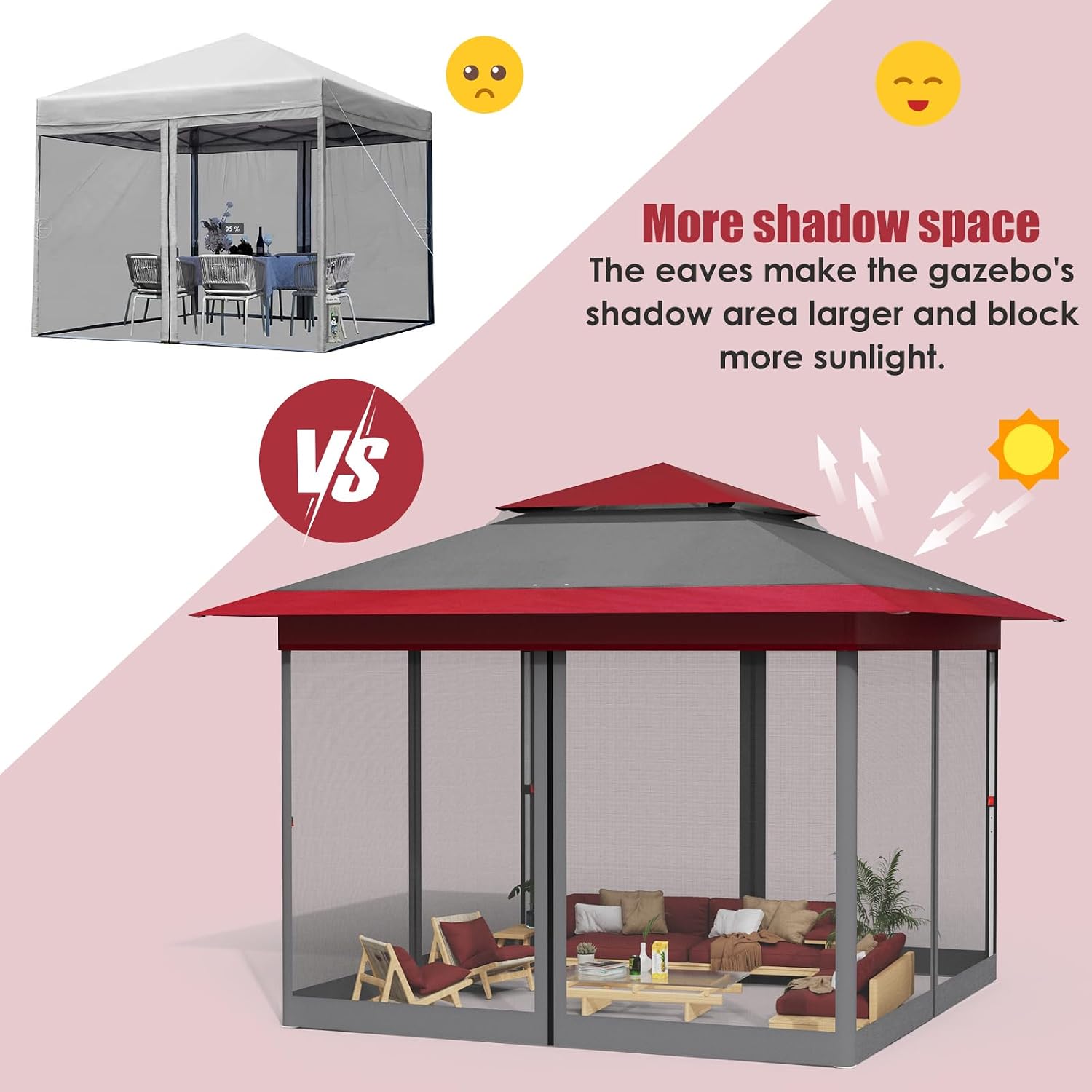 Arlopu Pop Up Gazebo Tent, Outdoor Instant Canopy, Easy Set-up Folding Shelter with Netting, Metal Frame, Screened House Shade Vented for Patio, Lawn, Party, Backyard, Garden (Burgundy, 13FT×13FT)