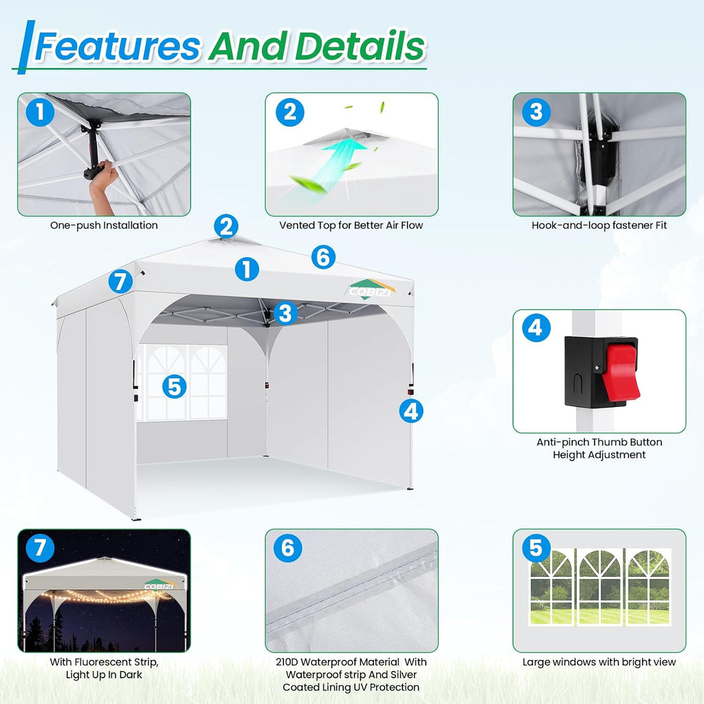 COBIZI 10x10 Pop Up Canopy with 3 Removable Sidewalls, Easy Pop Up Comercial Instant Canopy with One Push Center Lock, Waterproof Canopy with Sidewalls for Event, Rope & Stakes & Sandbags, White