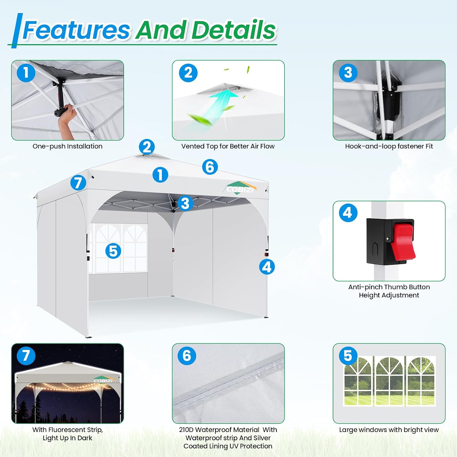 COBIZI 10x10 Pop Up Canopy with 3 Removable Sidewalls, Easy Pop Up Comercial Instant Canopy with One Push Center Lock, Waterproof Canopy with Sidewalls for Event, Rope & Stakes & Sandbags, White