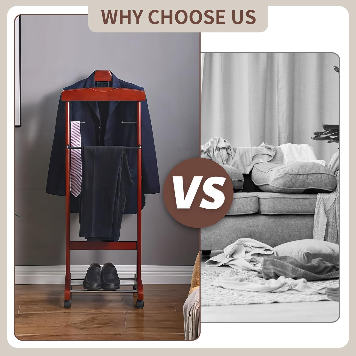 Wooden Suit Valet Stand, with Wheels mobile Floor Standing Suit Coat Stand With Contour Hanger Trouser Bar And Top Storage Tray, Freestanding Valet Stand for Men Women Office Living Room Wine red