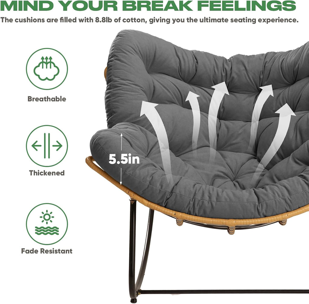 Papasan Chair with Cushion, Oversized Outdoor Rocking Chair, Patio Egg Chair Outdoor, Wicker Modern Cozy Comfy Chair for Bedroom, Living Room, Garden, Balcony, Lawn, Dark Grey