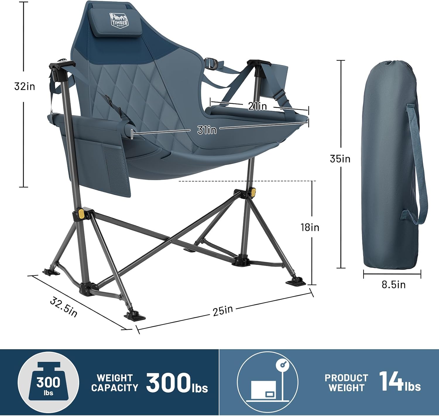 TIMBER RIDGE Hammock Camping Chair with Adjustable Backrest, Heavy Duty Folding Hammock Chair Supports 300lbs, Portable Hammock Chair for Camping, Travelling and Patio, Blue 2 Pack