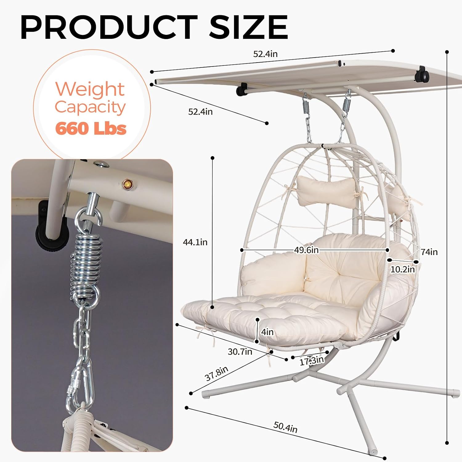 Double Egg Chair Outdoor with Stand & Canopy, 2 Person Hanging Egg Chair with Footrest, Oversized Rattan Wicker Egg Swing Chair for Bedroom Garden, 660Lbs, White
