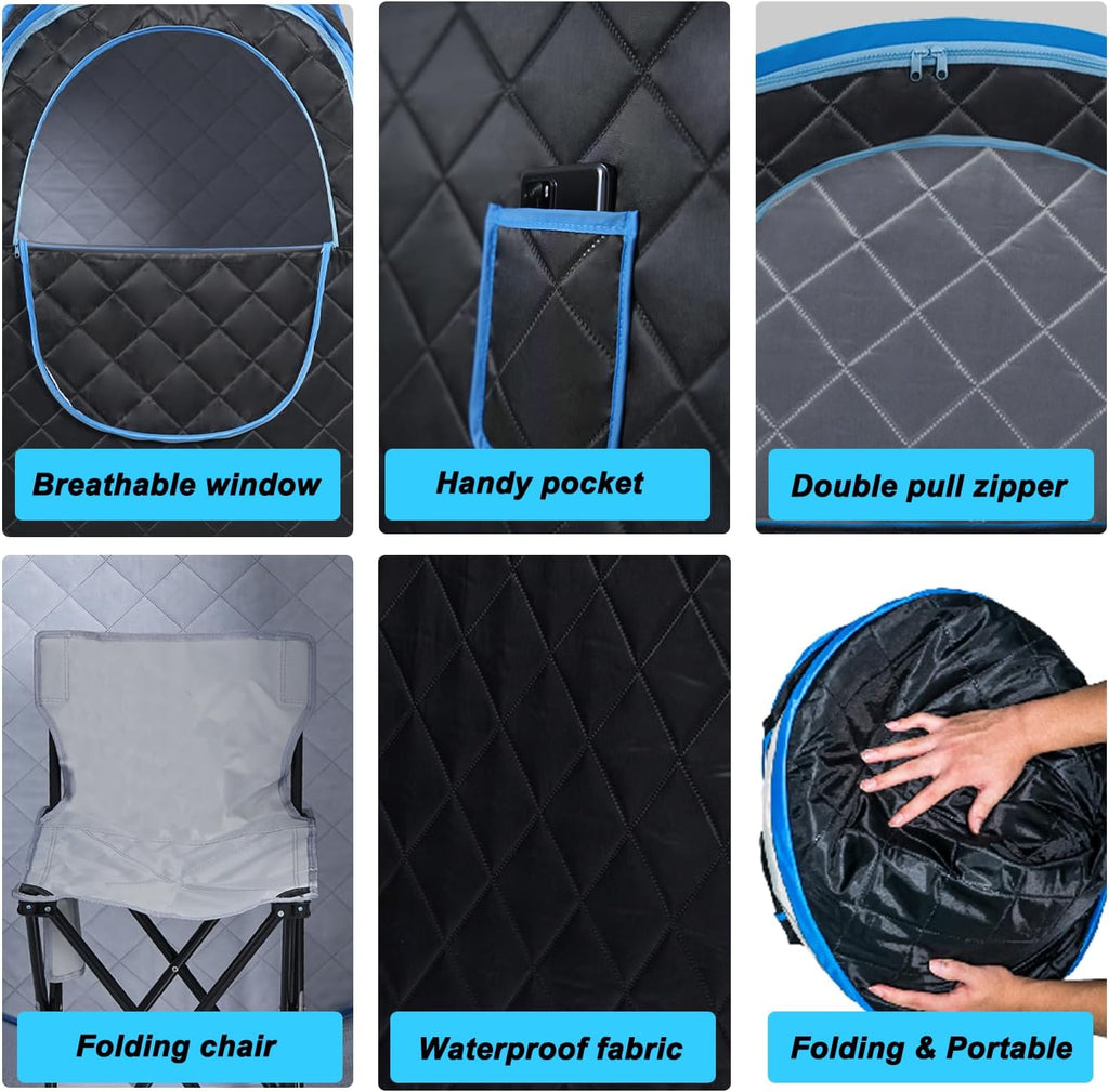 Foldable Portable Steam Sauna, Personal Sauna Tent for Home SPA with 1000w 2.2L Steamer, Folding Chair, Remote Control, Black