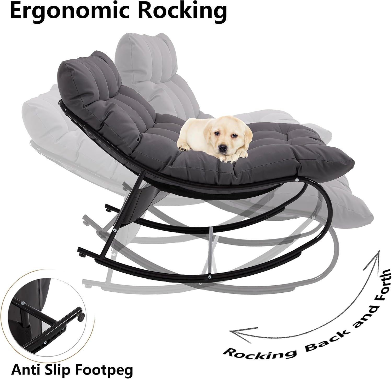 Upholstered Outdoor Rocking Chairs, Modern Patio Rocking Chair Set of 2 with Foot Rest, Sturdy Metal Papasan Rocking Chair, Cozy Rockings Recliner Chair for Bedroom/Living Room/Lawn, Gray