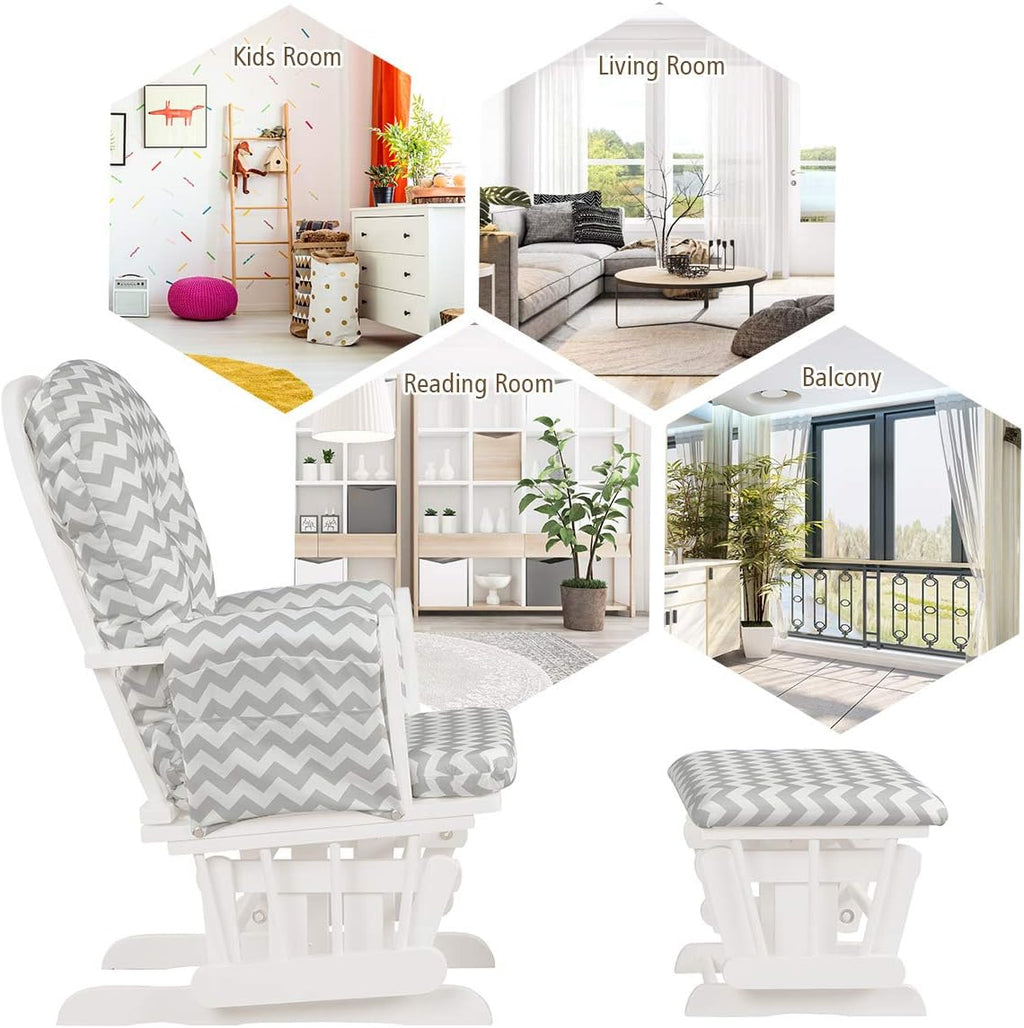 Costzon Nursery Glider with Ottoman, Upholstered Comfort Glider Rocker with Padded Cushion, Storage Pocket, Solid Wood Base, Rocking Chair Nursery for Breastfeeding, Napping (Gray and White)
