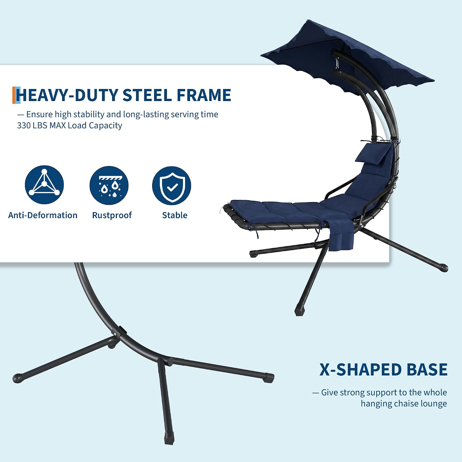 Chaise Lounger Swing Chair with Umbrella Canopy, Patio Hanging Chaise Lounger Chair with Stand, Curved Steel Outdoor Lounge Chairs for Indoor Patio Pool Garden Backyard Porch
