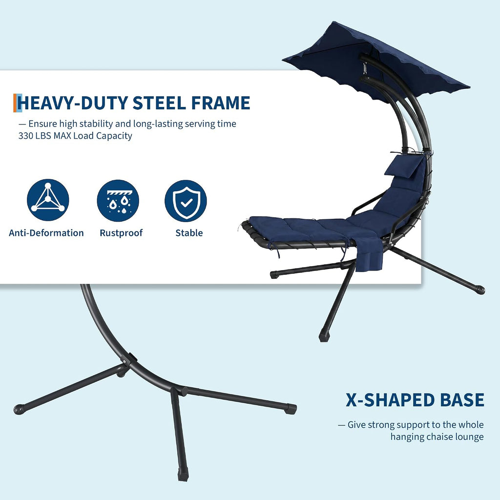 Hanging Chaise Lounge Swing Chair, Hanging Curved Chaise Lounge Chair Umbrella, Curved Steel Hammock Lounger Chairs for Outdoor Indoor Patio Pool Garden Backyard Porch
