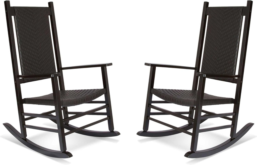Shine Company Set of 2 Hampton Porch Rockers, High Back Wood Rocking Chairs, Rattan Backrest & Seat, 2-Pack, Black