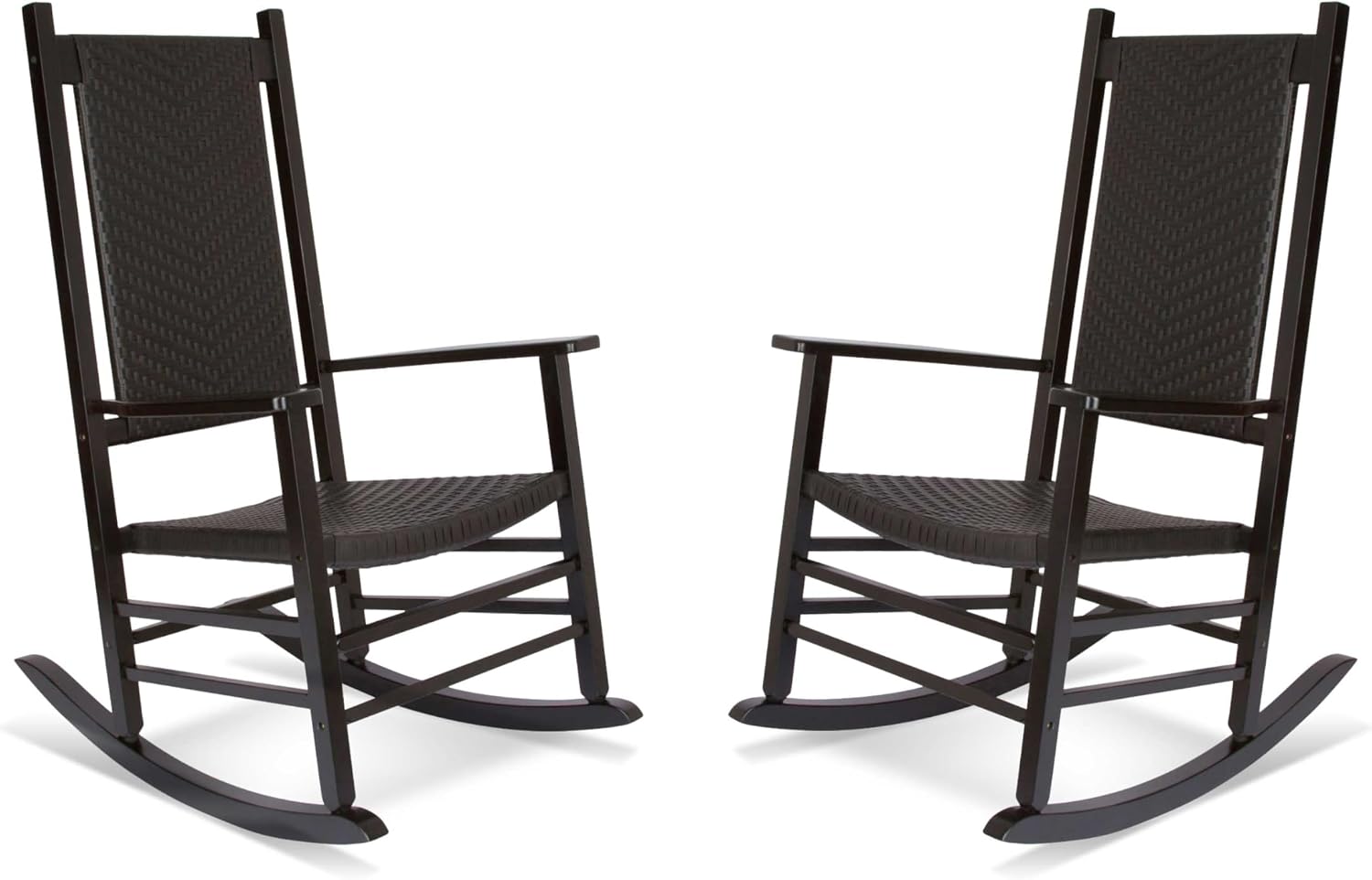 Shine Company Set of 2 Hampton Porch Rockers, High Back Wood Rocking Chairs, Rattan Backrest & Seat, 2-Pack, Black