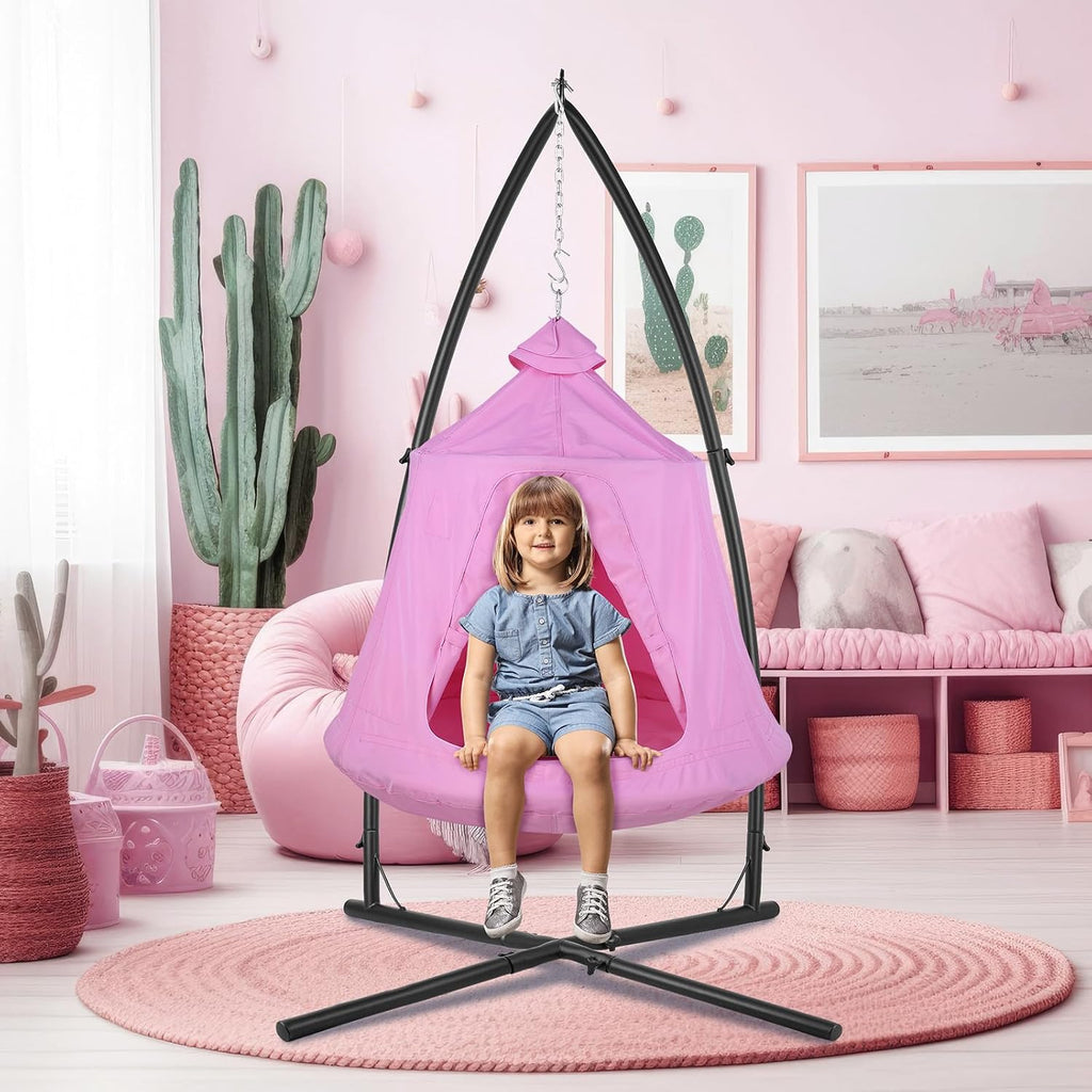 Arlopu Hanging Hammock w(Tree Tent & Metal Swing Chair) for Indoor/Outdoor, Egg Basket Patio Seat w/Adjustable Solid Stand, Porch Bedroom Balcony Chair (Pink)
