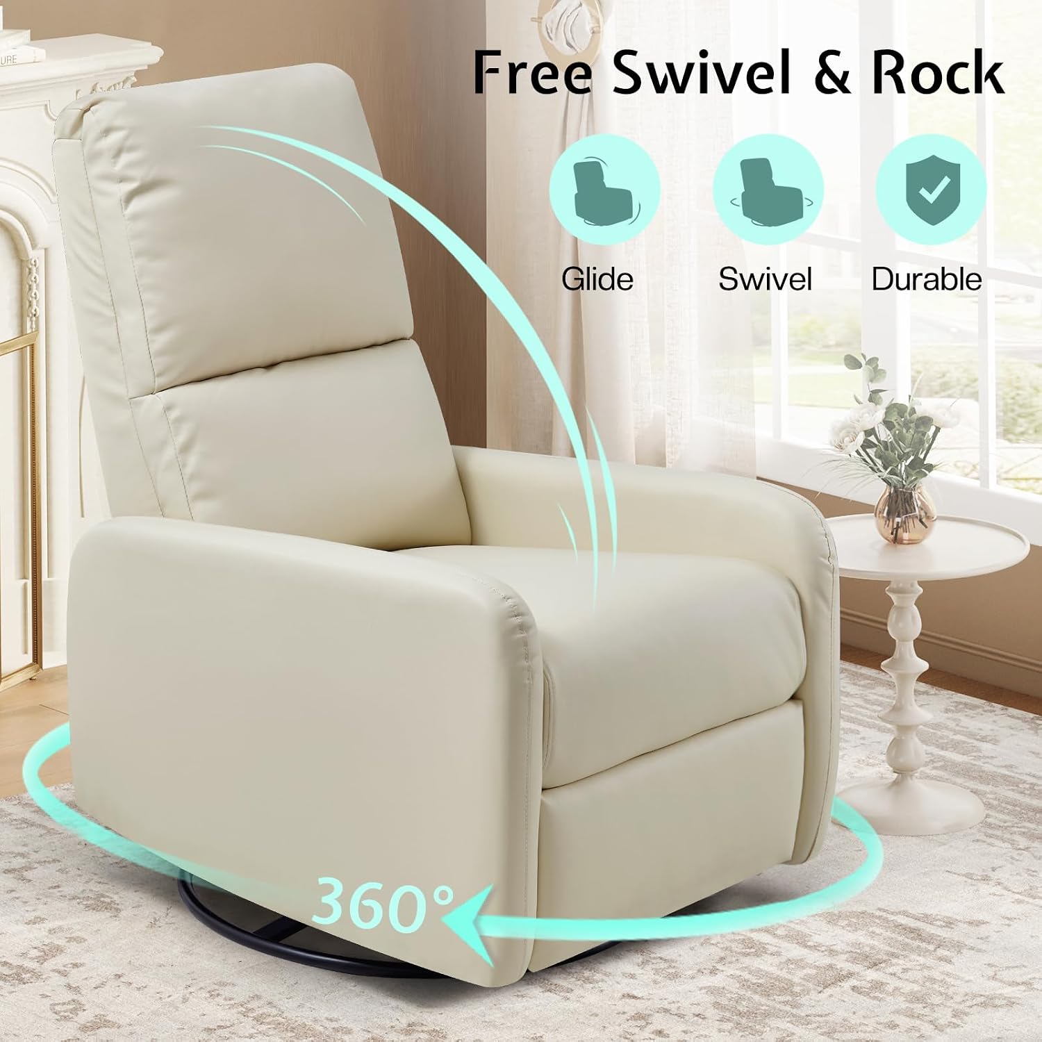 Jocisland Nursery Glider Chairs, Swivel Rocking Chair, Massage Rocker Recliner with High Back for Living Room Bedroom, Comfy Upholstered Modern Nursing Reclining Single Sofa, White Teddy
