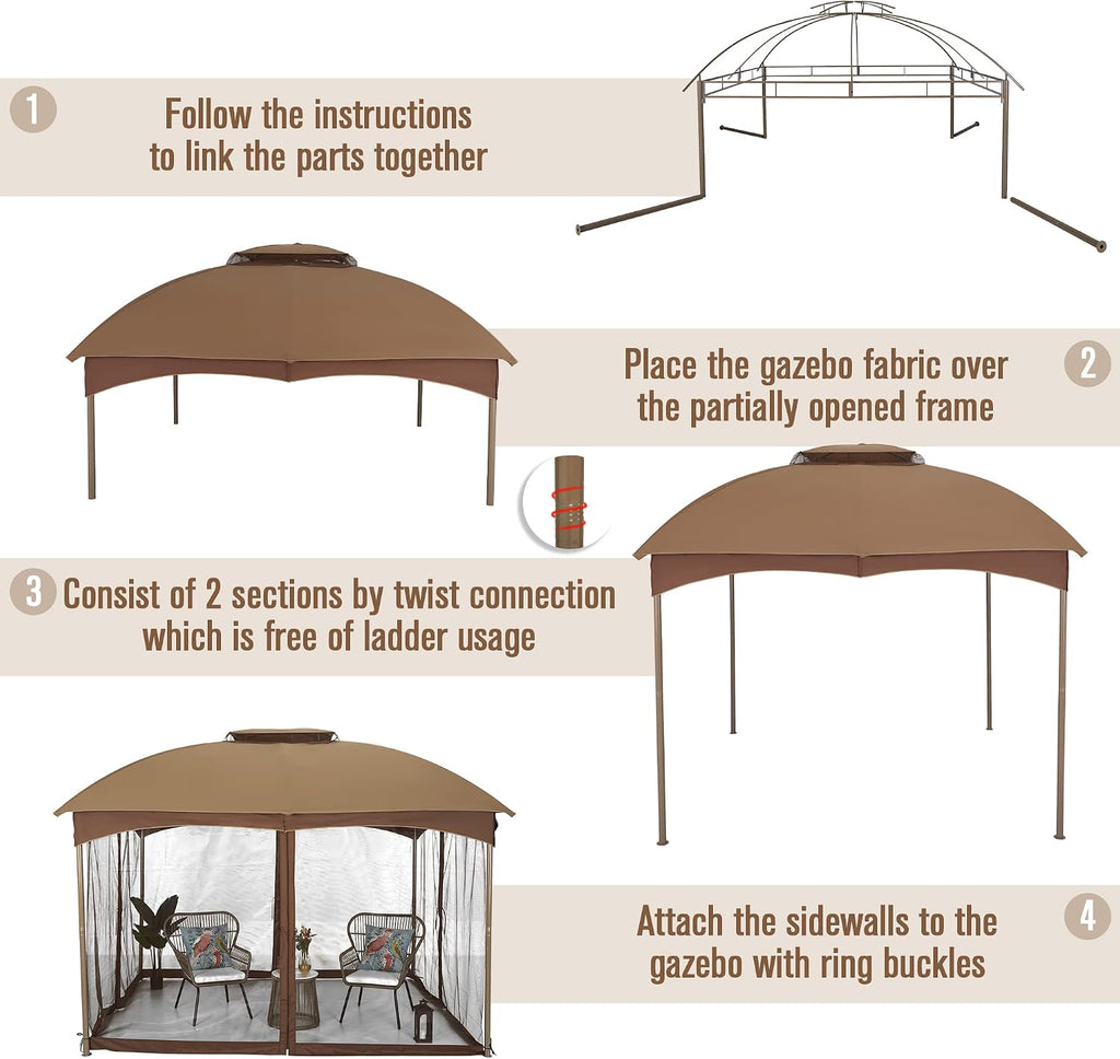 PHI VILLA 10x12 Gazebo Canopy for Patio, Double Vent Outdoor Canopy Gazebo with Netting, Screen Patio Gazebo Heavy Duty for Garden Deck Khaki